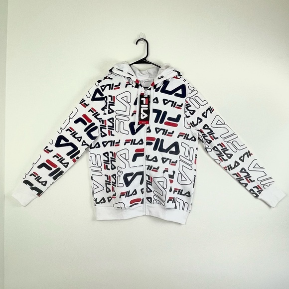 FILA NWT $65 All Over Print Logo White Hoodie Cypress Zip Jacket Large Y2K New - Picture 2 of 11